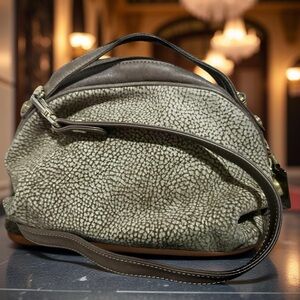 Borbonese 2Way Suede Leather Handbag Brown Quail Pattern Authentic Bag